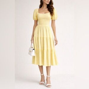 NWT Yellow Gingham Smocked Midi Dress Puff Sleeve Tie-Back Size M